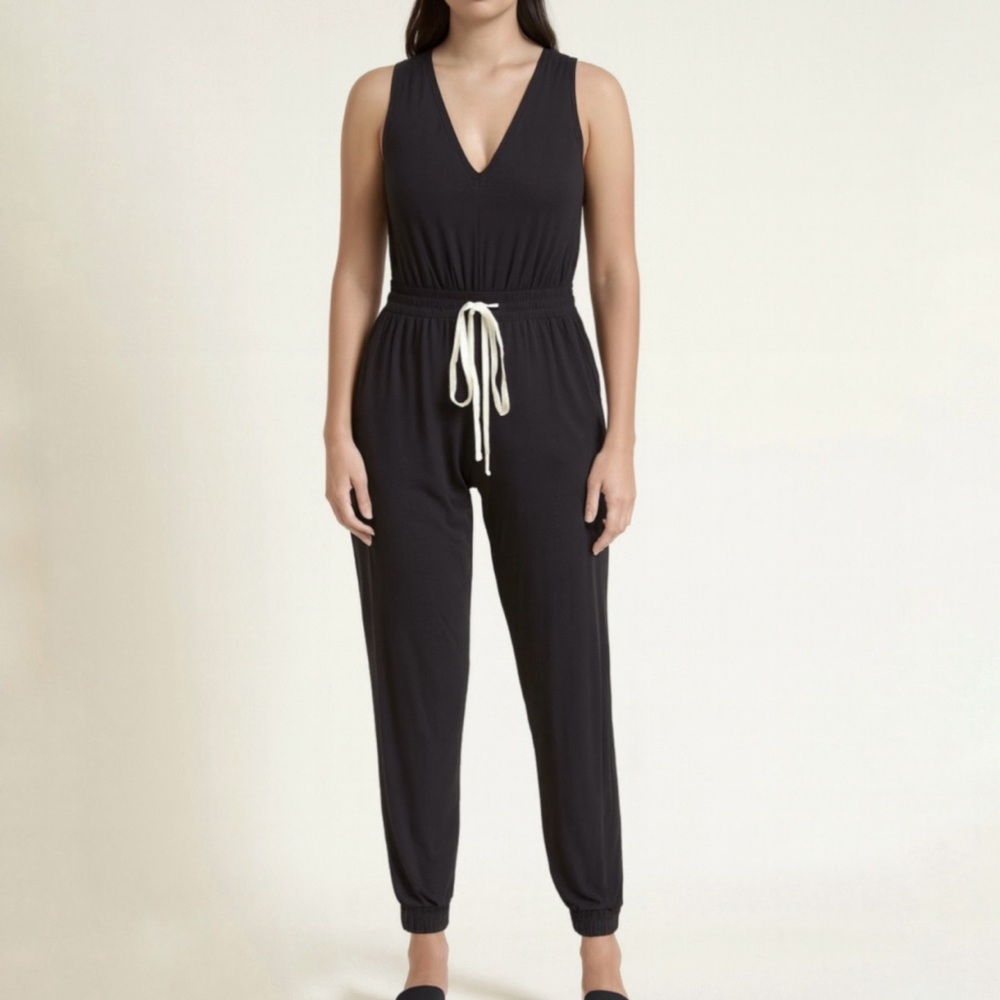 NWOT KatieJNYC Couture Black Bamboo Viscose Jumpsuit, Women Size Large